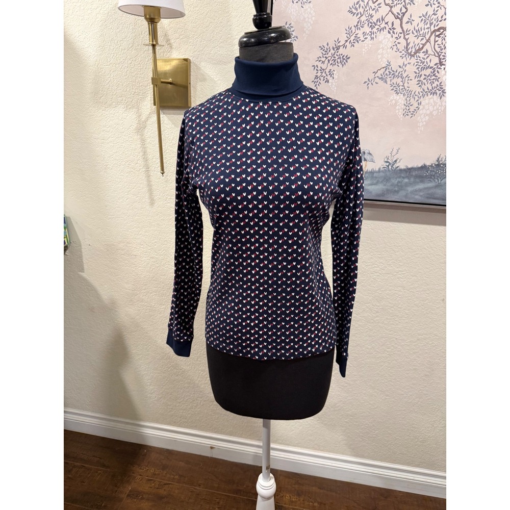 LL Bean Womens Navy Blue‎ Heart Print Cotton Turtleneck Top S REG 515672